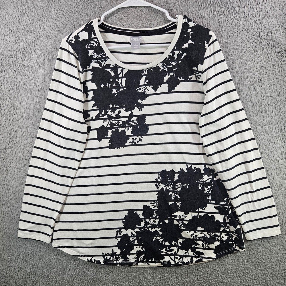 Chico's Zenergy Womens Size 2 L 12 14 Striped Floral Long Sleeve Top Black White